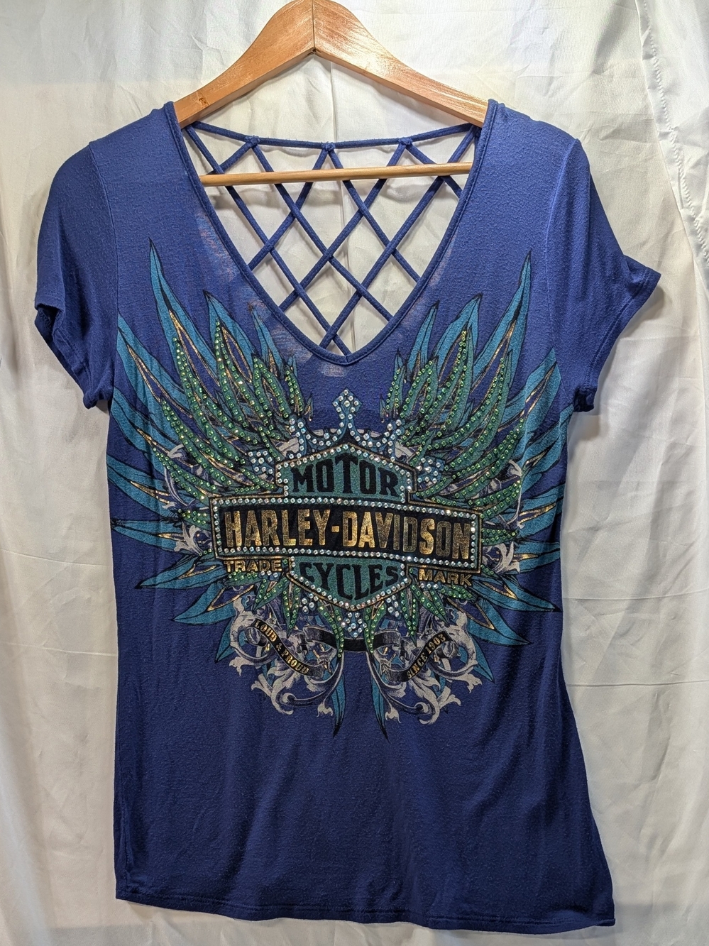 Women's Harley Davidson blue top w/Rhinestone Wing design  Lattice Strap Back L